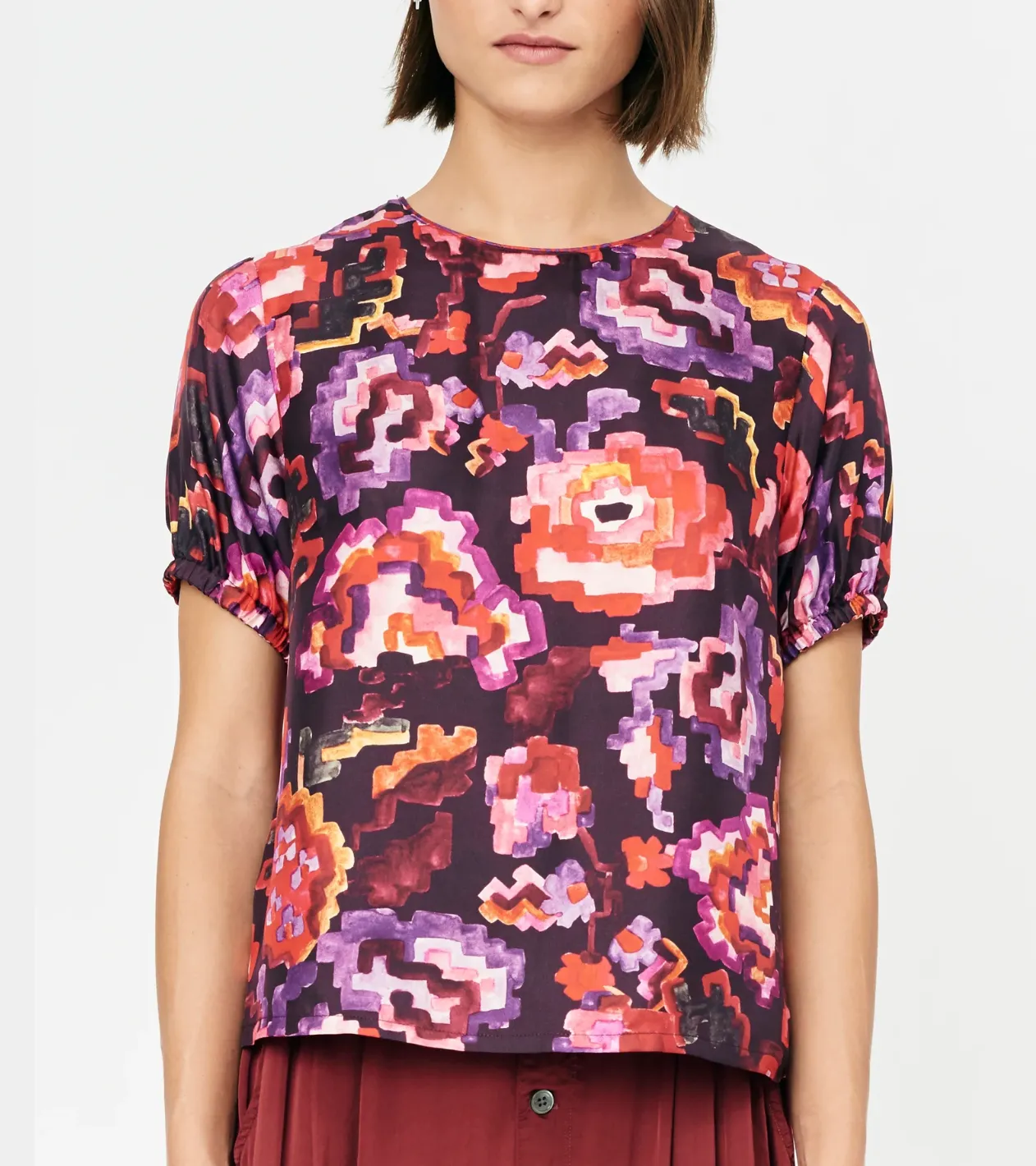 Painted Tapestry Fire Vibrations Silk Print Puff Sleeve Blouse