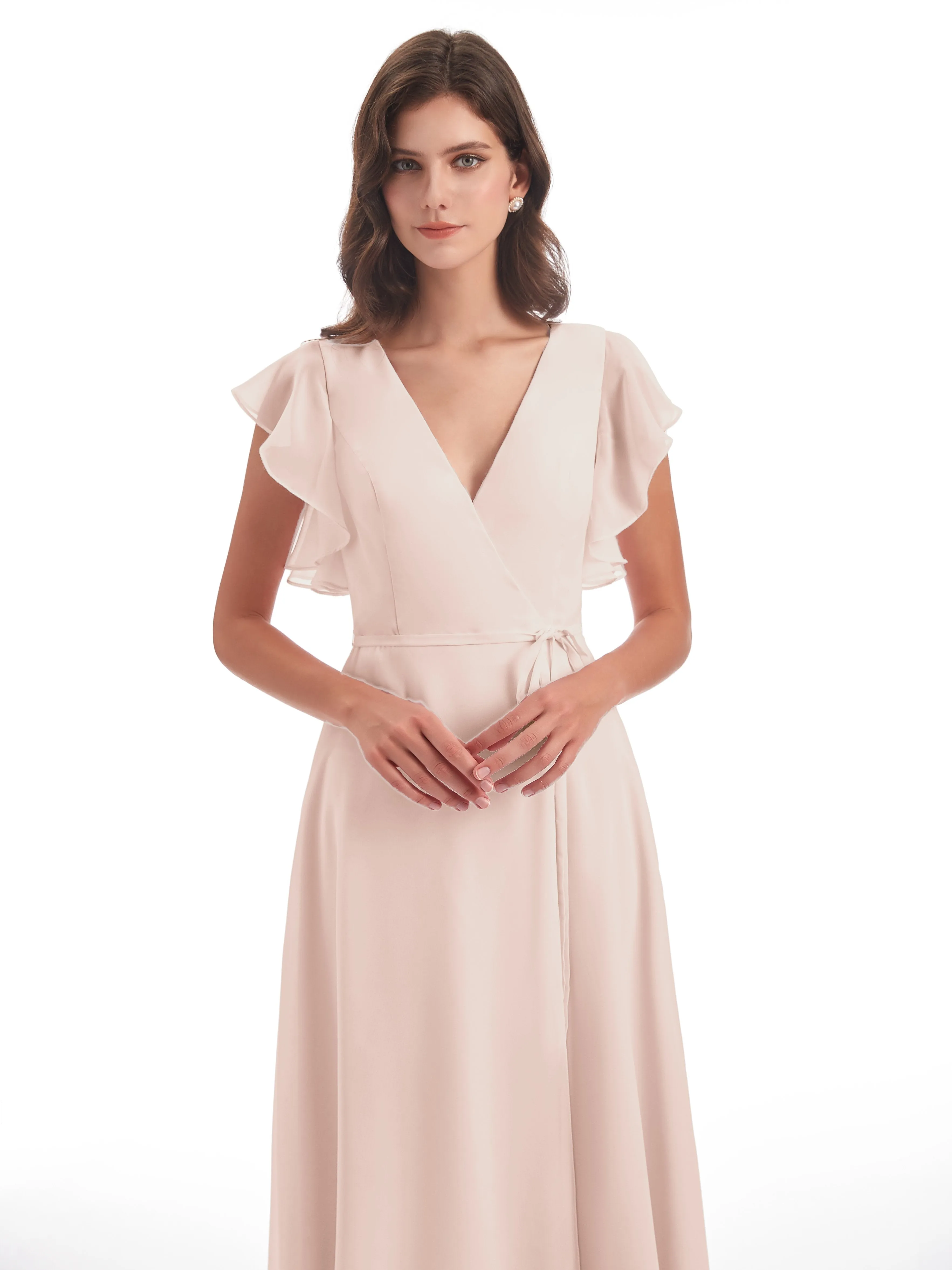Pearl Pink Bridesmaid Dress Hope Charming V Neck Long Chiffon Bridesmaid Dresses