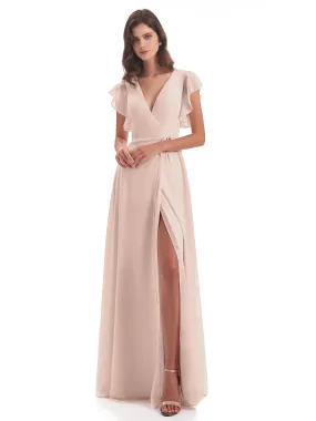 Pearl Pink Bridesmaid Dress Hope Charming V Neck Long Chiffon Bridesmaid Dresses