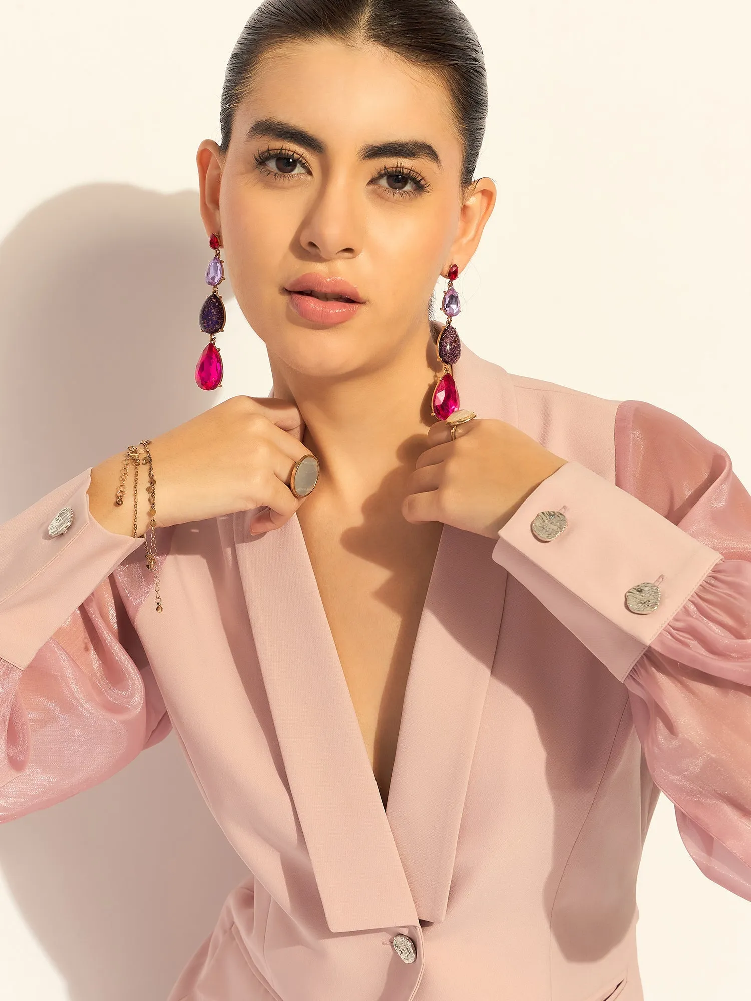 Pink Polyester Puffed-Sleeves Split Joint Lapel Top