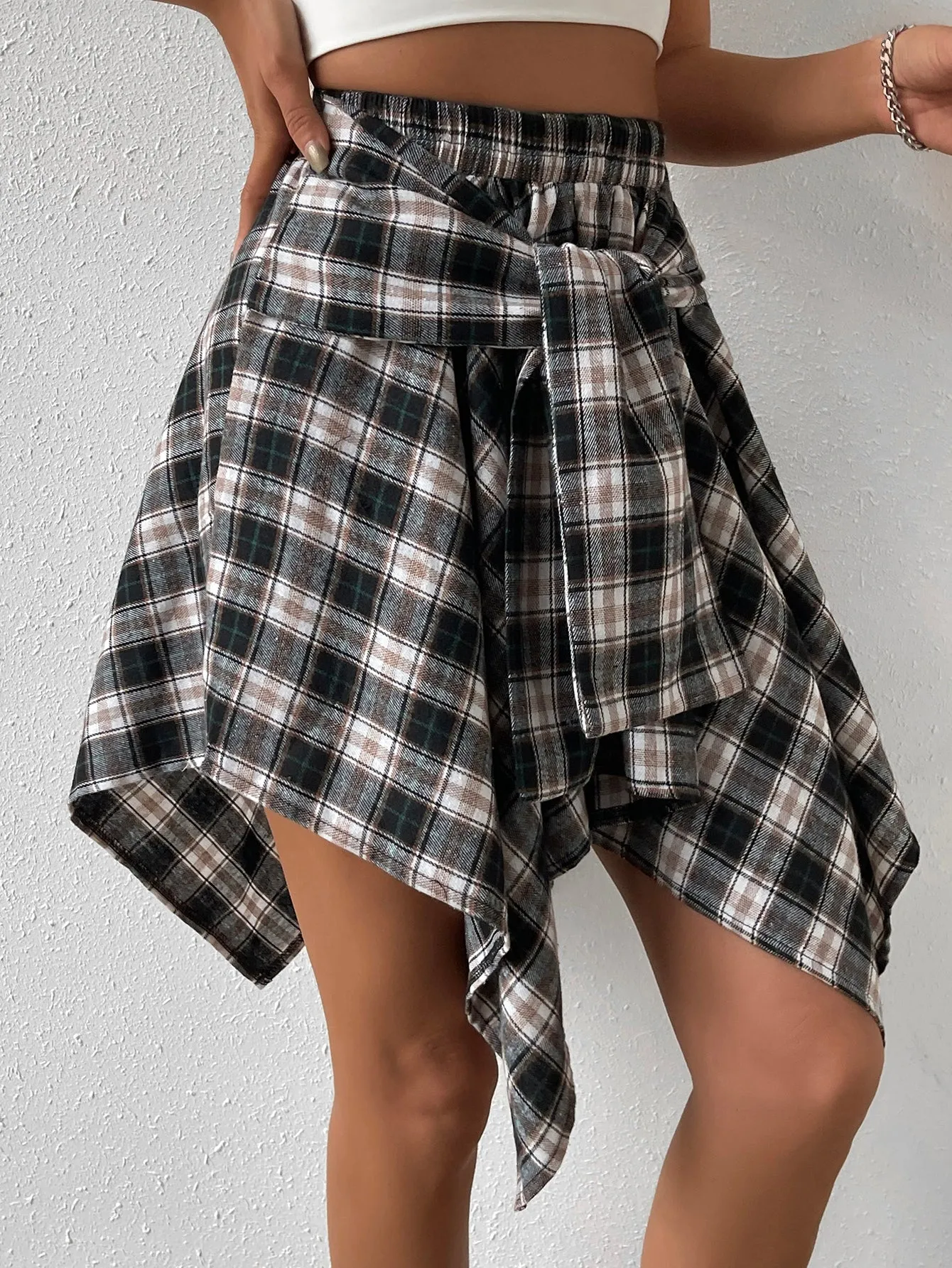 Plaid Print Knot Front Asymmetrical Hem Skirt