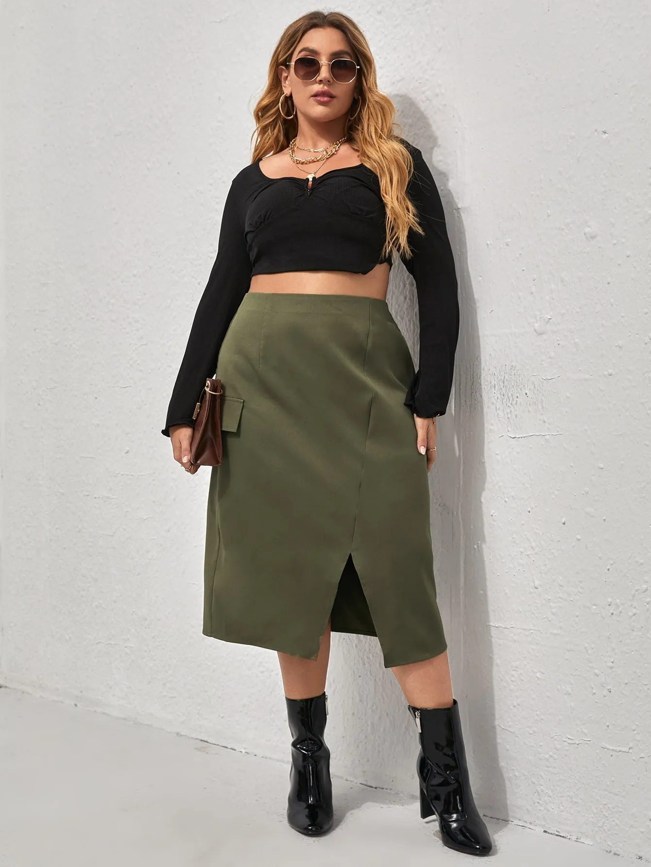 Plain Split Midi Plus Size Skirts