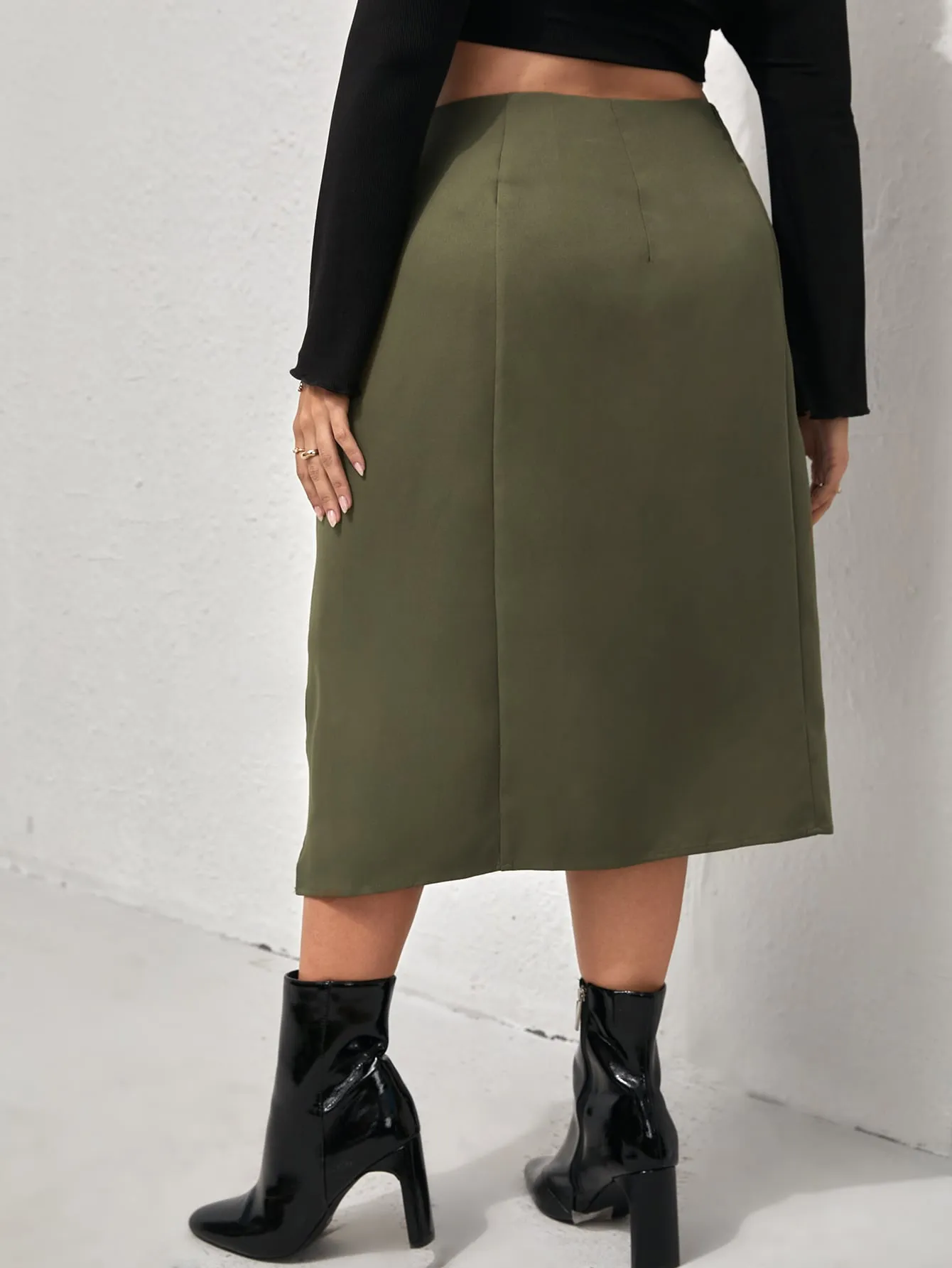 Plain Split Midi Plus Size Skirts