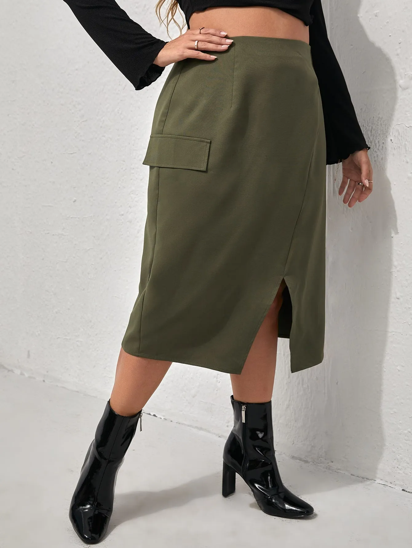 Plain Split Midi Plus Size Skirts