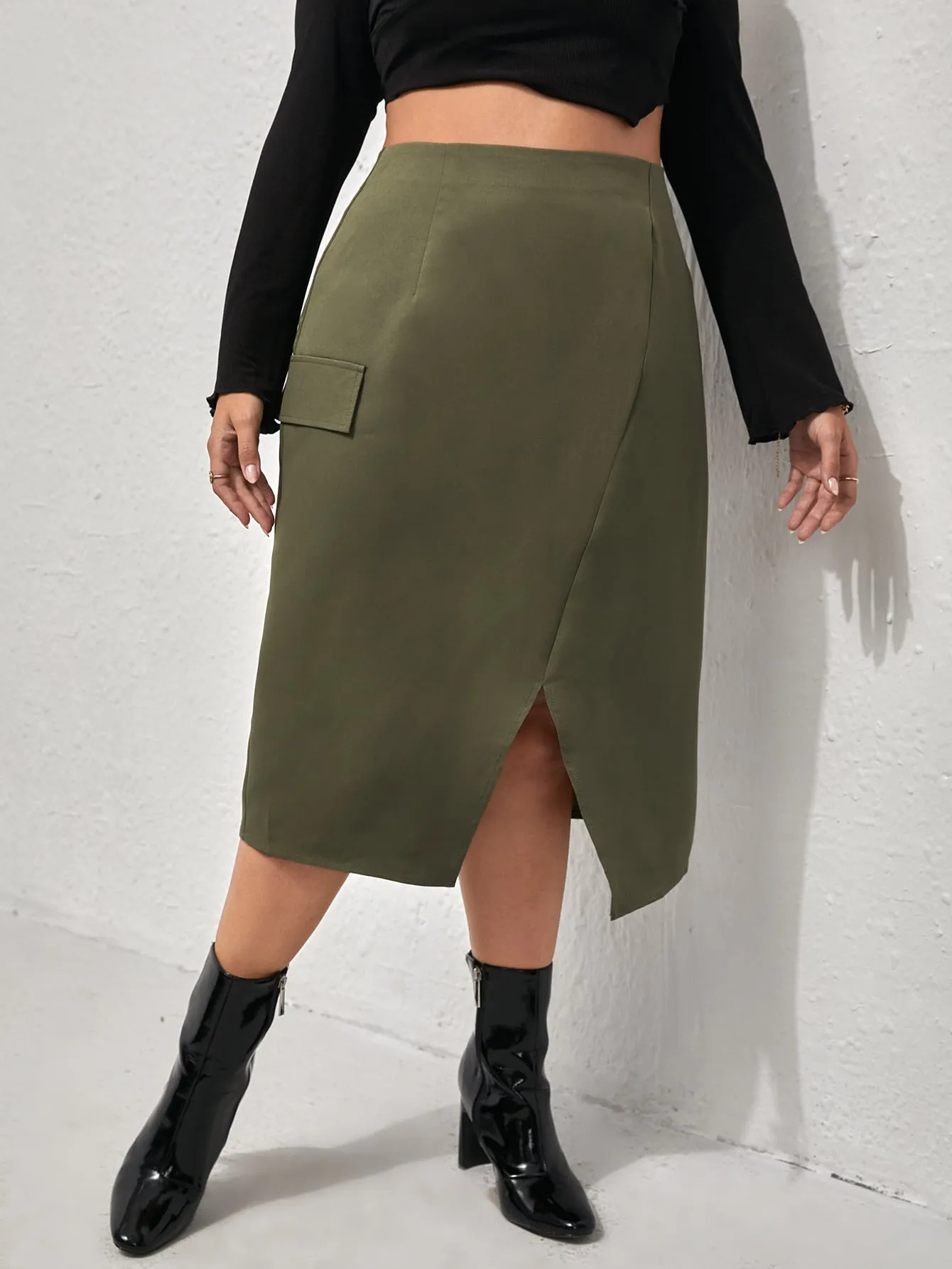Plain Split Midi Plus Size Skirts