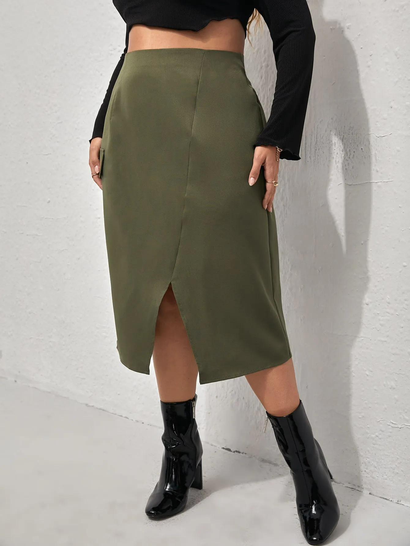 Plain Split Midi Plus Size Skirts