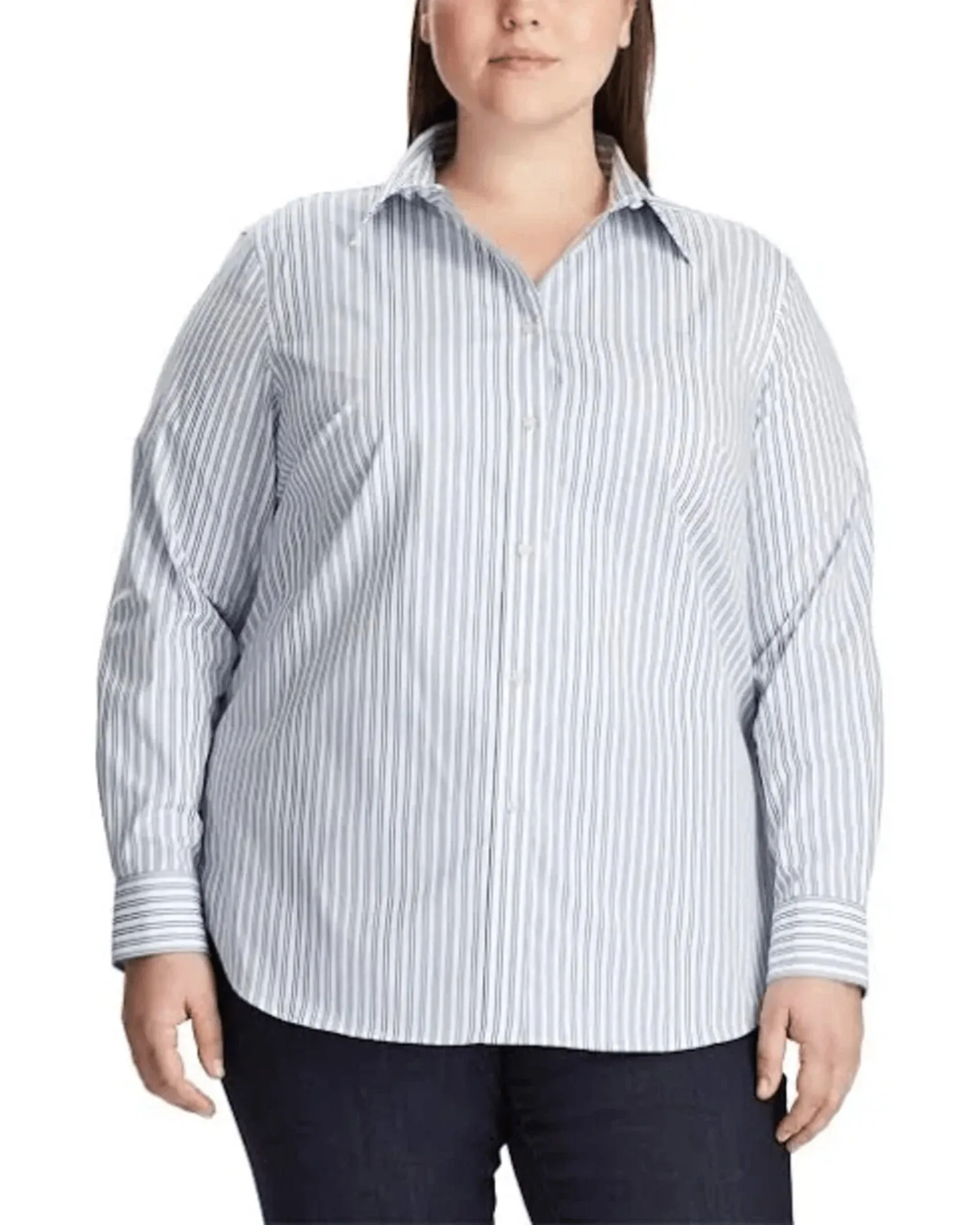 Ralph Lauren Women's Plus Stripe Print No Iron Shirt White Size 2XL | White