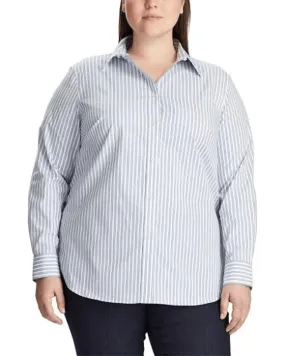 Ralph Lauren Women's Plus Stripe Print No Iron Shirt White Size 2XL | White