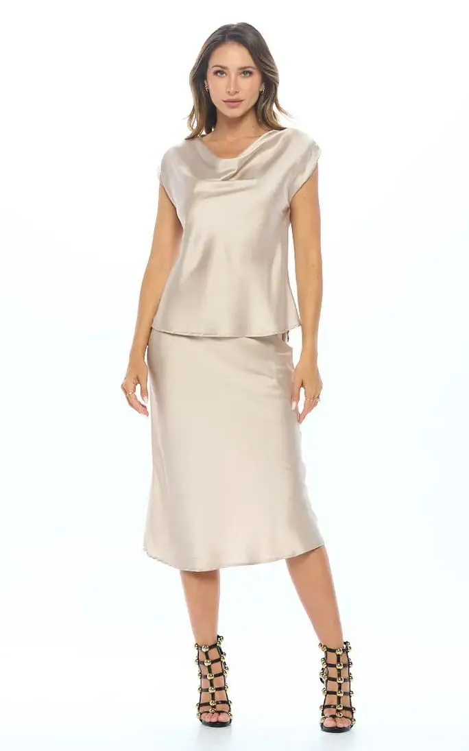 Renee C - Satin Cap Sleeve Cowl Neck Blouse