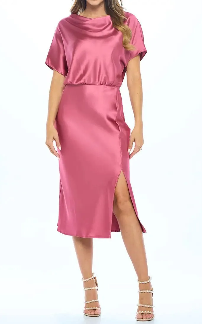 Renee C - Stretch Satin Blouson Dress in Dark Pink