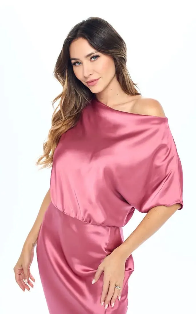 Renee C - Stretch Satin Blouson Dress in Dark Pink