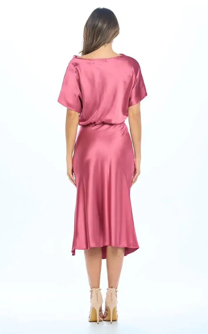 Renee C - Stretch Satin Blouson Dress in Dark Pink