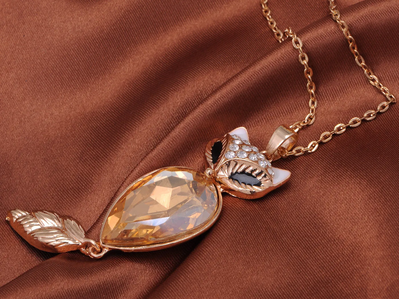 Rose Black Eyed Topaz Fox Feline Pendent Necklace