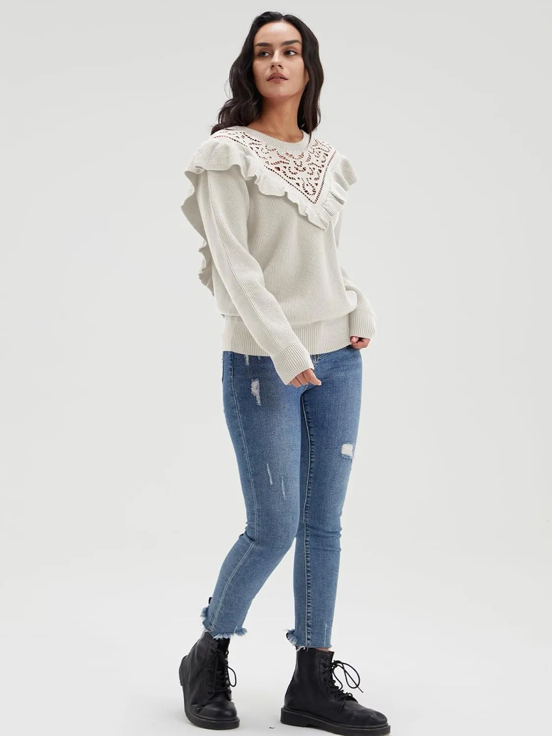 Solid Knit Crew Neck Ruffle Sleeve Sweaters