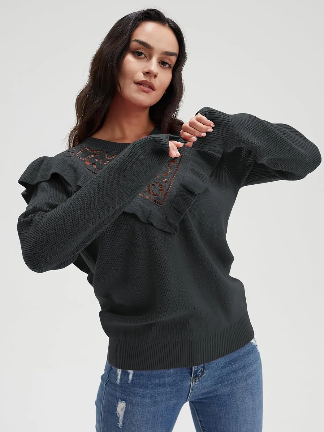 Solid Knit Crew Neck Ruffle Sleeve Sweaters