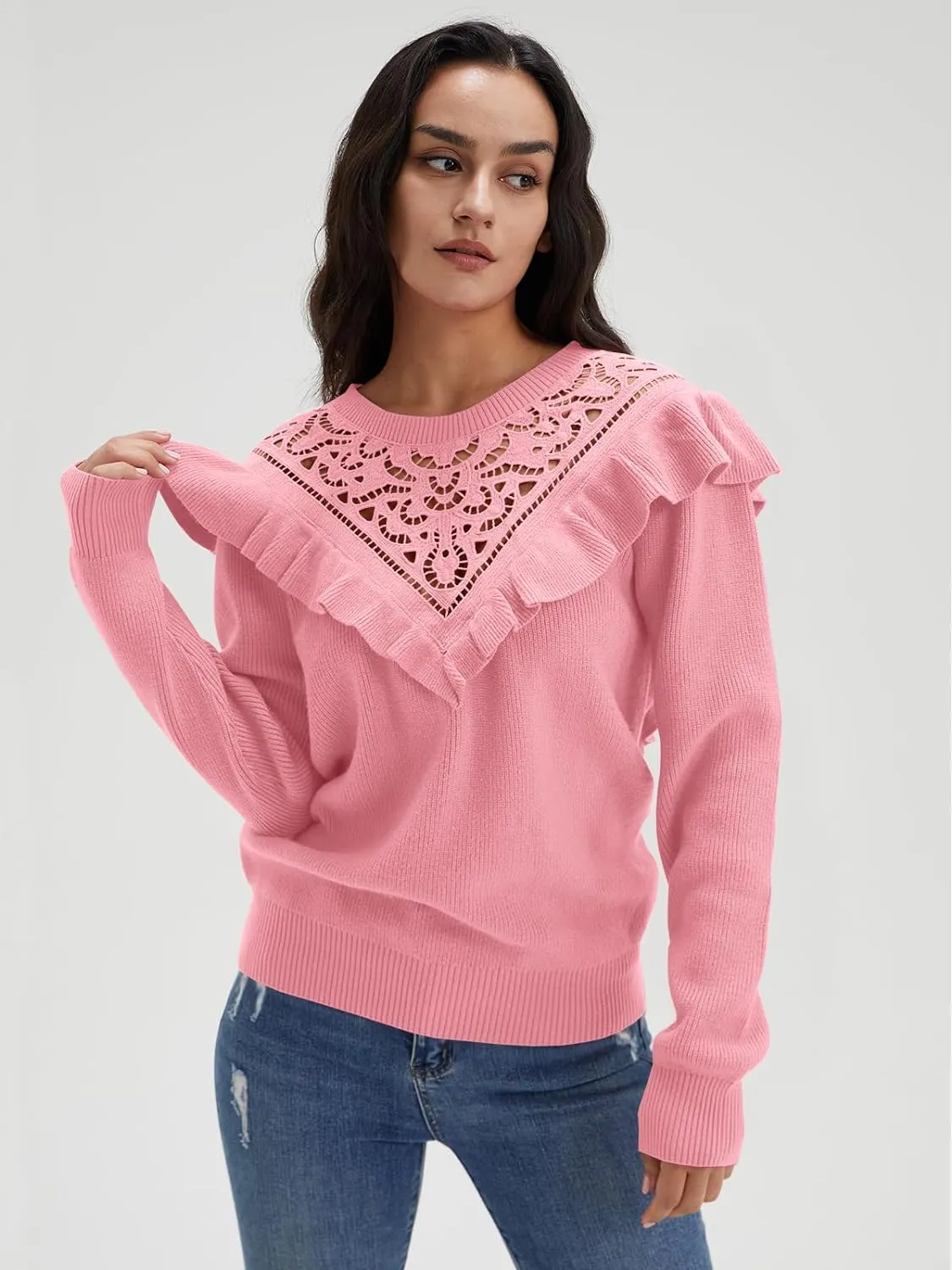 Solid Knit Crew Neck Ruffle Sleeve Sweaters