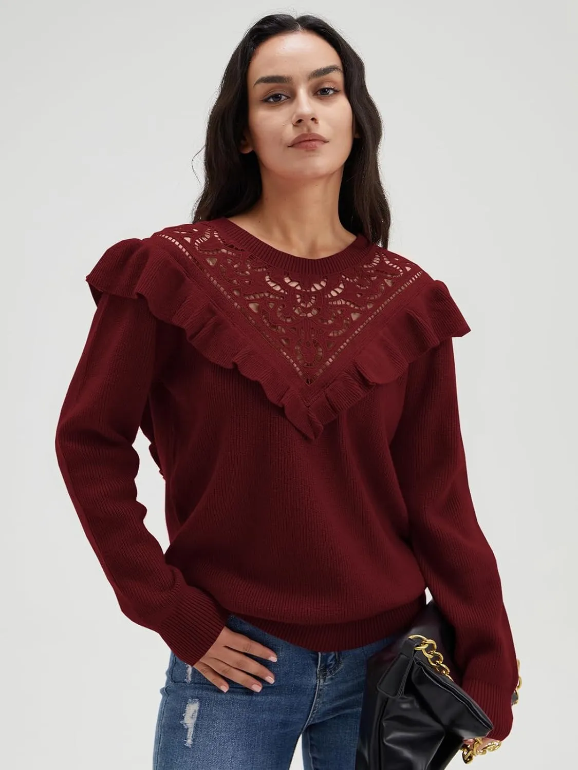 Solid Knit Crew Neck Ruffle Sleeve Sweaters
