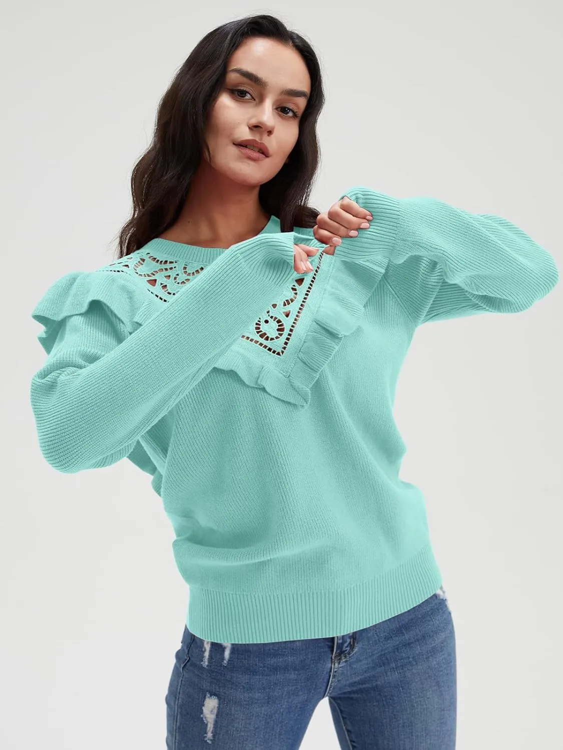 Solid Knit Crew Neck Ruffle Sleeve Sweaters