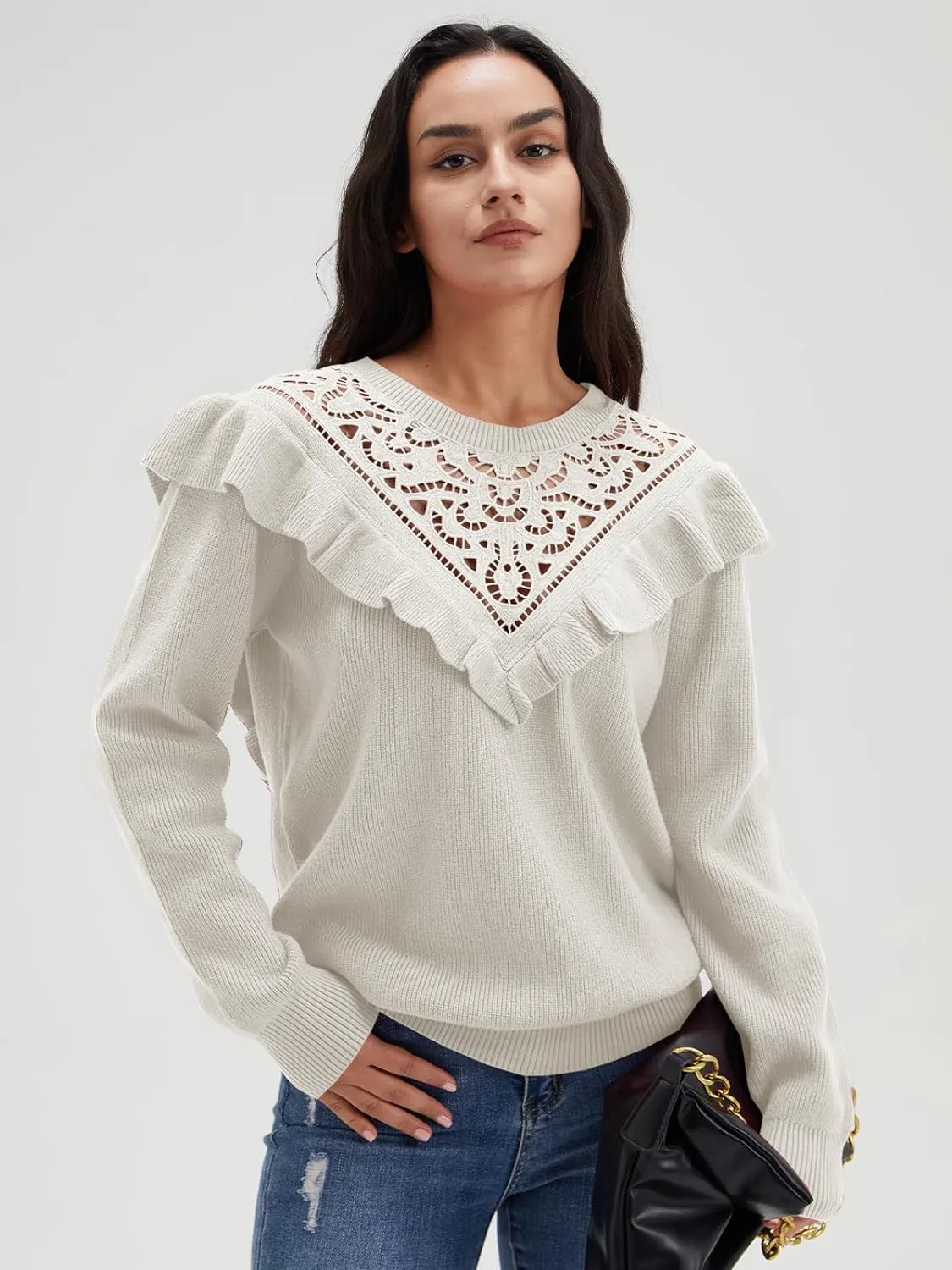 Solid Knit Crew Neck Ruffle Sleeve Sweaters