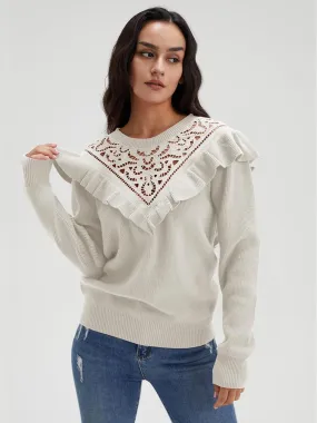 Solid Knit Crew Neck Ruffle Sleeve Sweaters