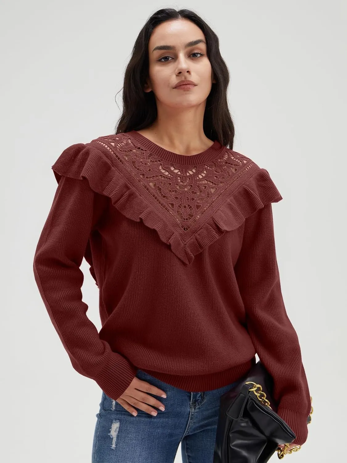 Solid Knit Crew Neck Ruffle Sleeve Sweaters