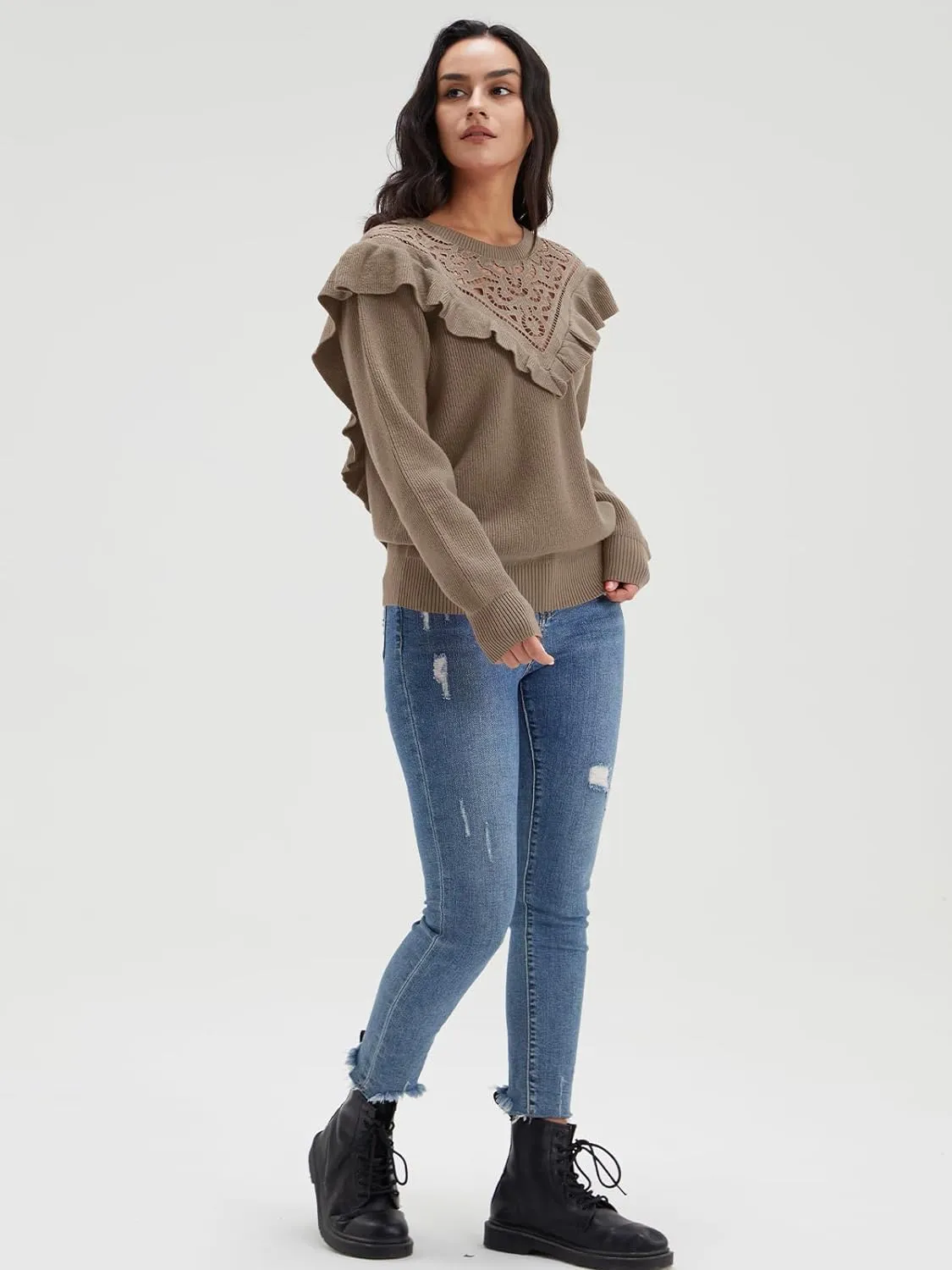 Solid Knit Crew Neck Ruffle Sleeve Sweaters