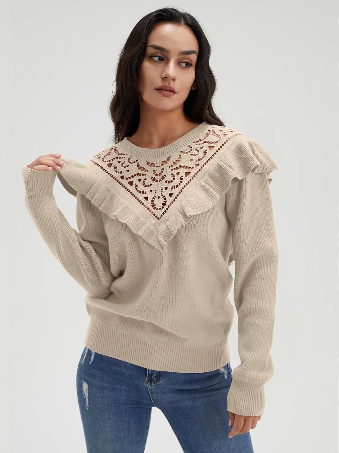 Solid Knit Crew Neck Ruffle Sleeve Sweaters