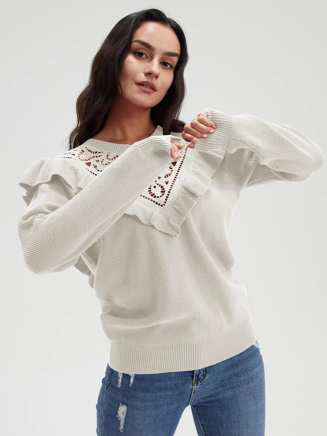 Solid Knit Crew Neck Ruffle Sleeve Sweaters