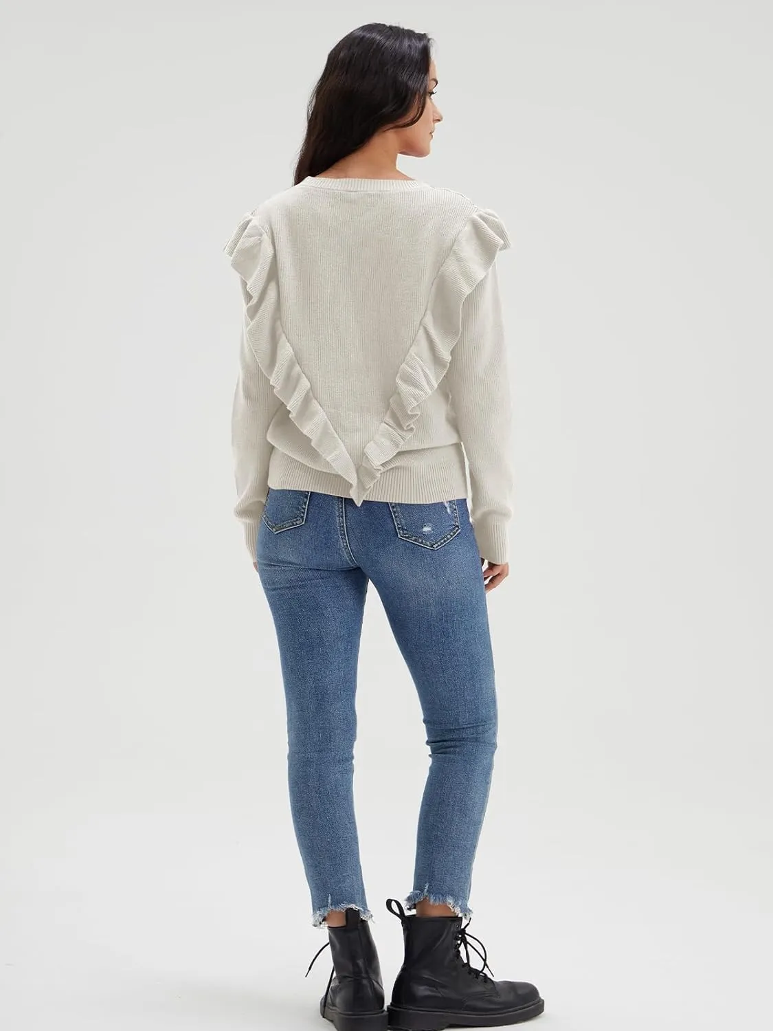 Solid Knit Crew Neck Ruffle Sleeve Sweaters