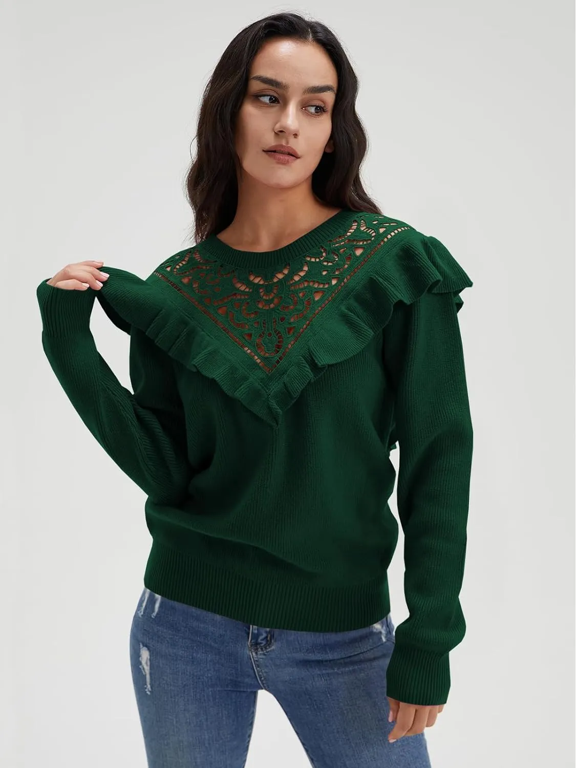Solid Knit Crew Neck Ruffle Sleeve Sweaters