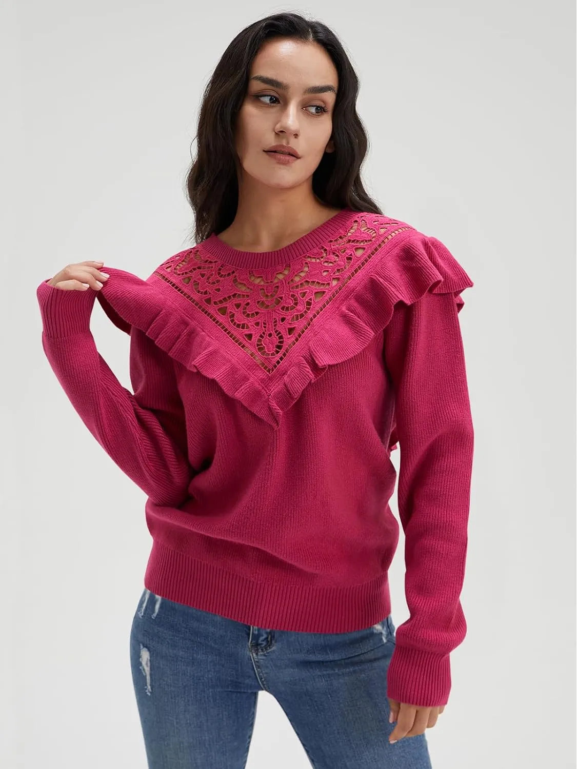 Solid Knit Crew Neck Ruffle Sleeve Sweaters