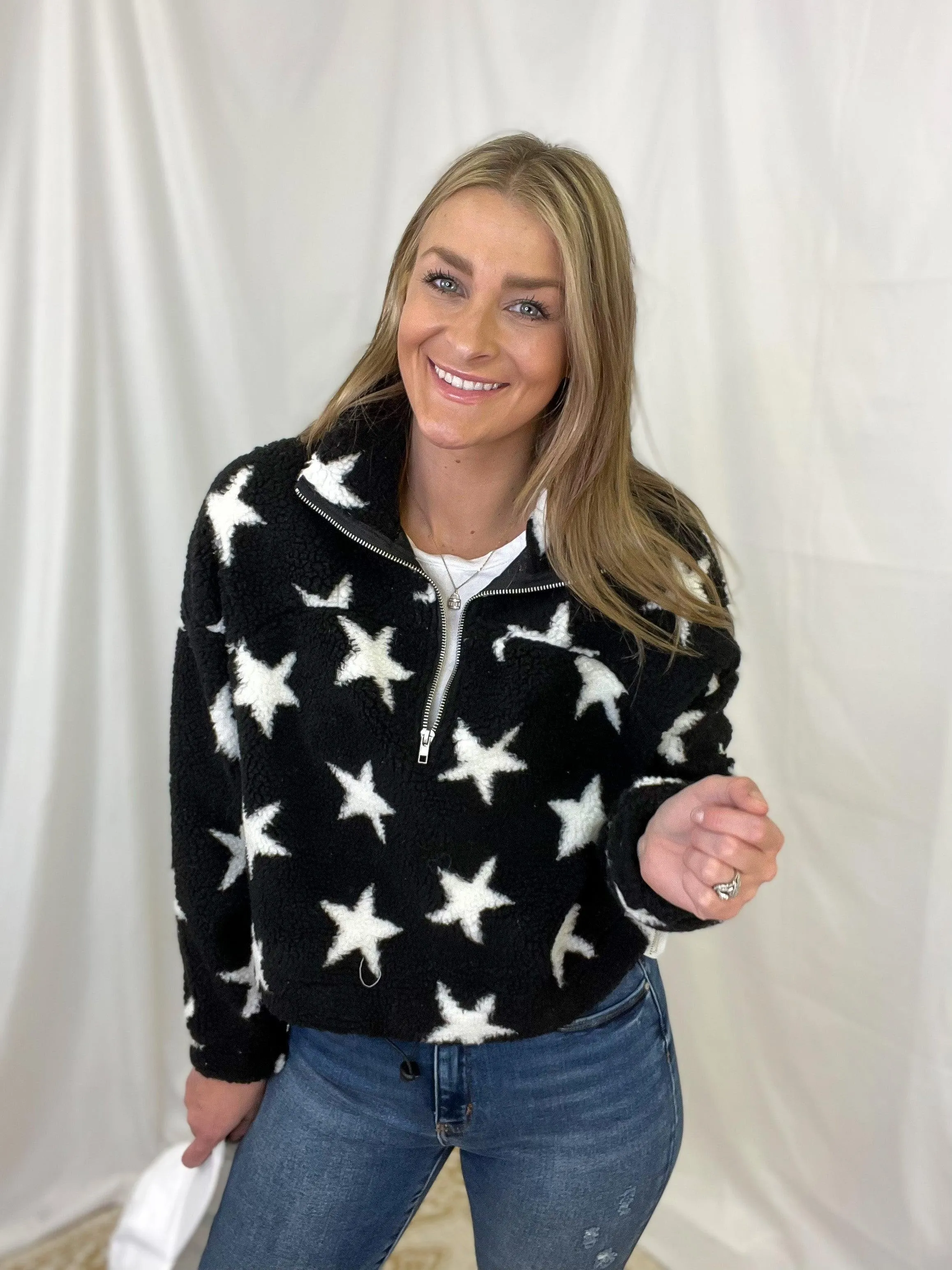 Star Print Quarter Zip Pullover Top