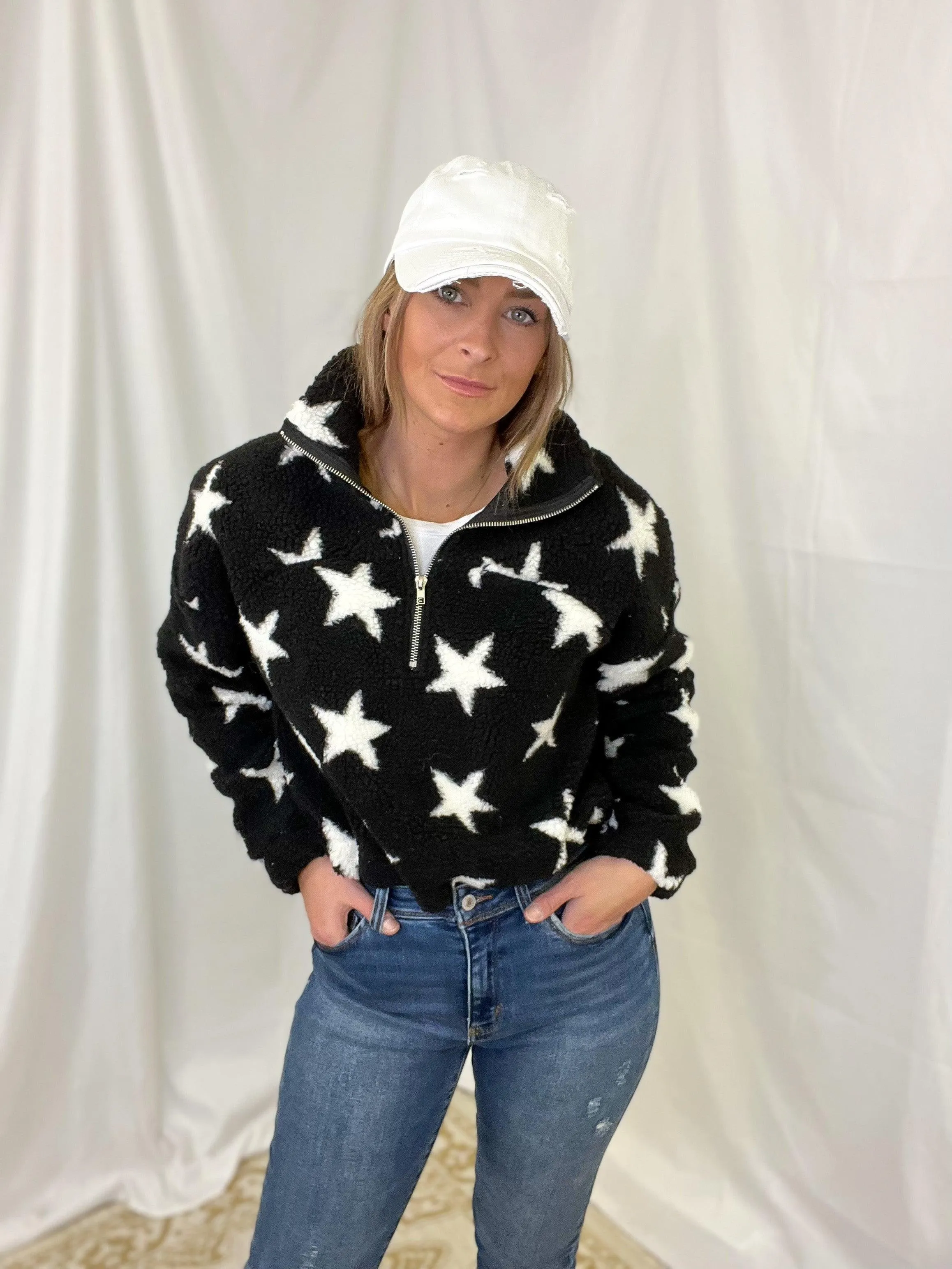 Star Print Quarter Zip Pullover Top
