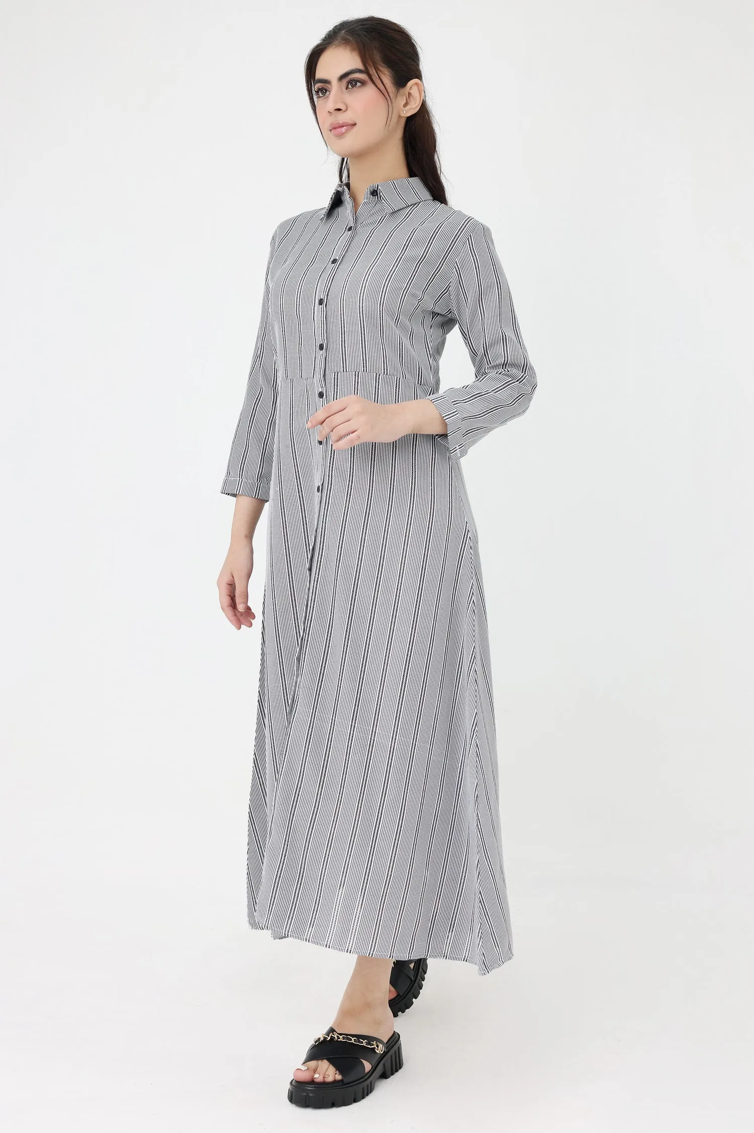 STRIPPED CHIC SHIRT DRESS-GREY