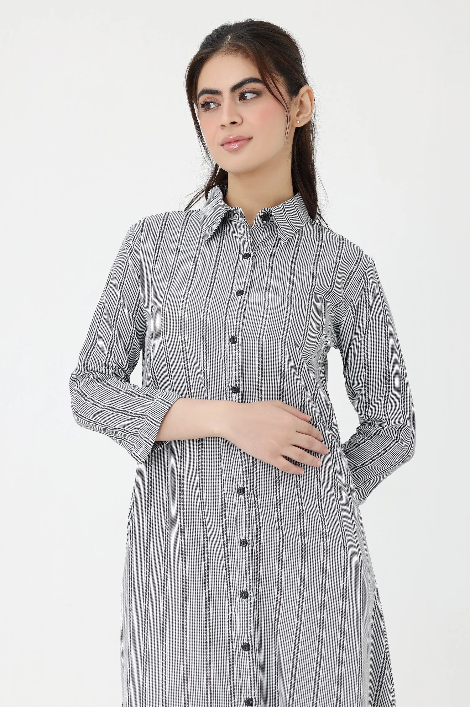 STRIPPED CHIC SHIRT DRESS-GREY