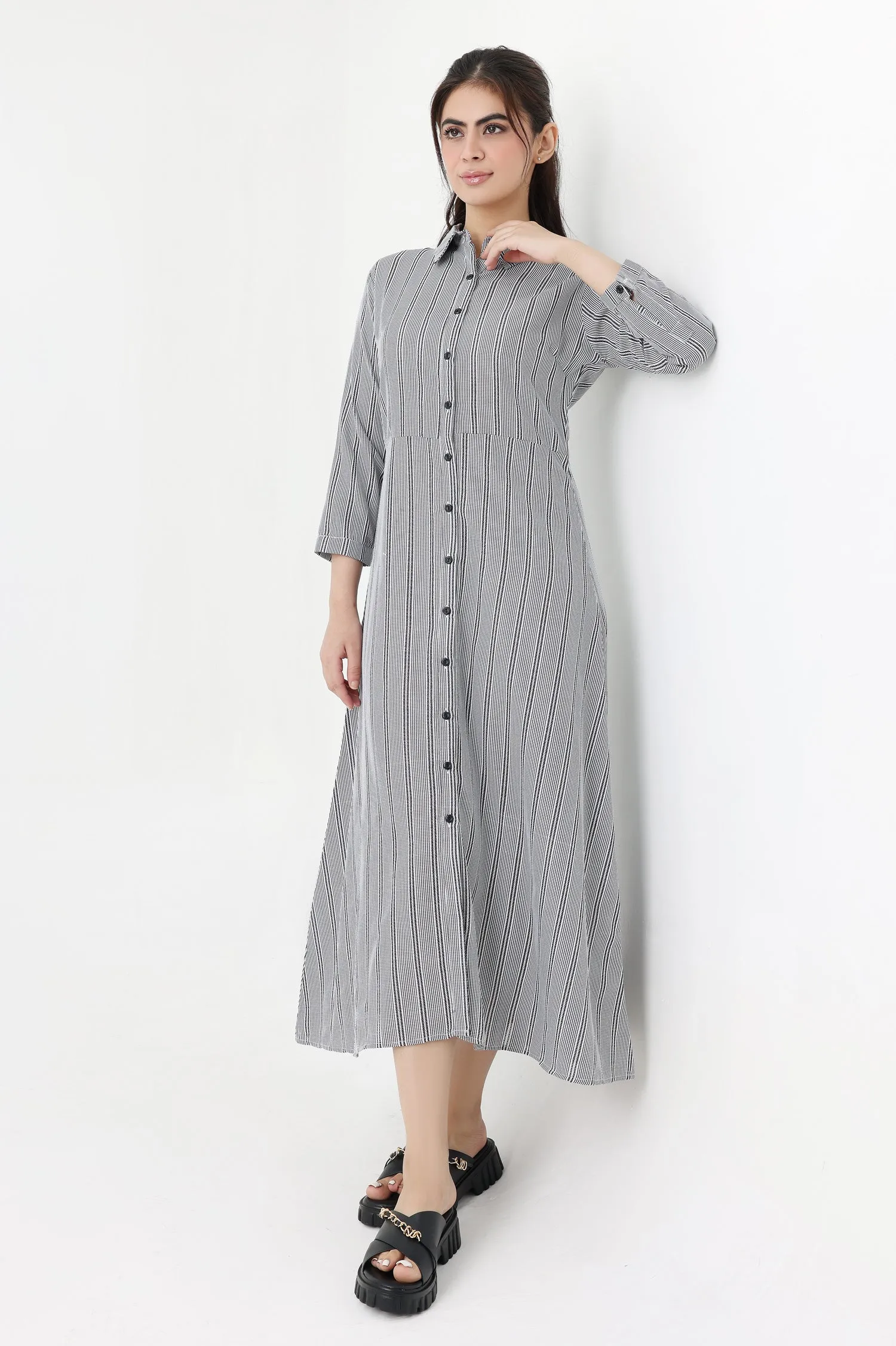 STRIPPED CHIC SHIRT DRESS-GREY