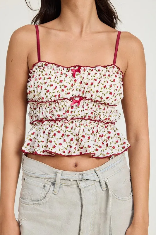 Tired Ruffle Red Bow Floral Spaghetti Sleeve Feminine Top