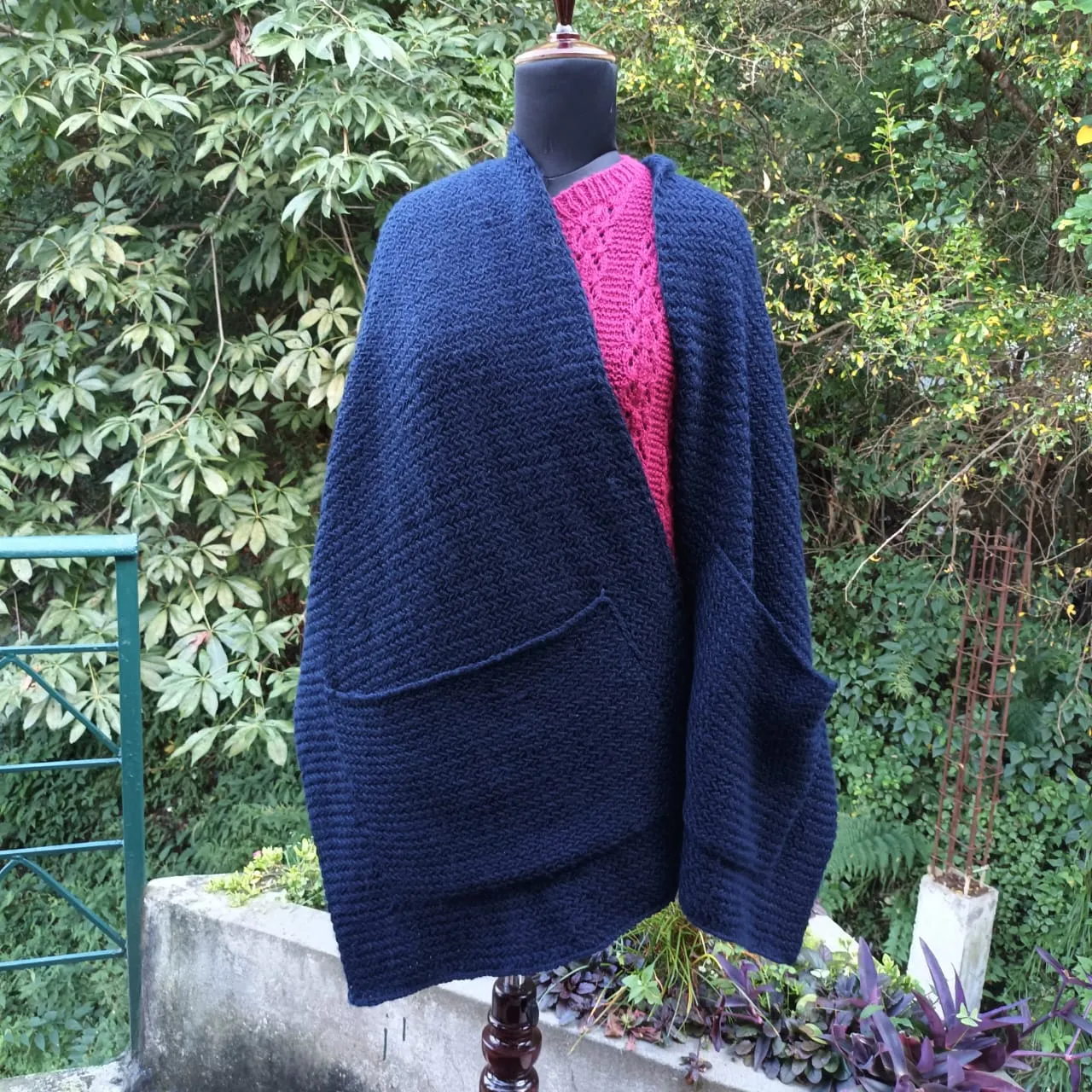 Women Woollen Stole | Hand Knit | Stylish Winter Overlay With Pockets | Navy