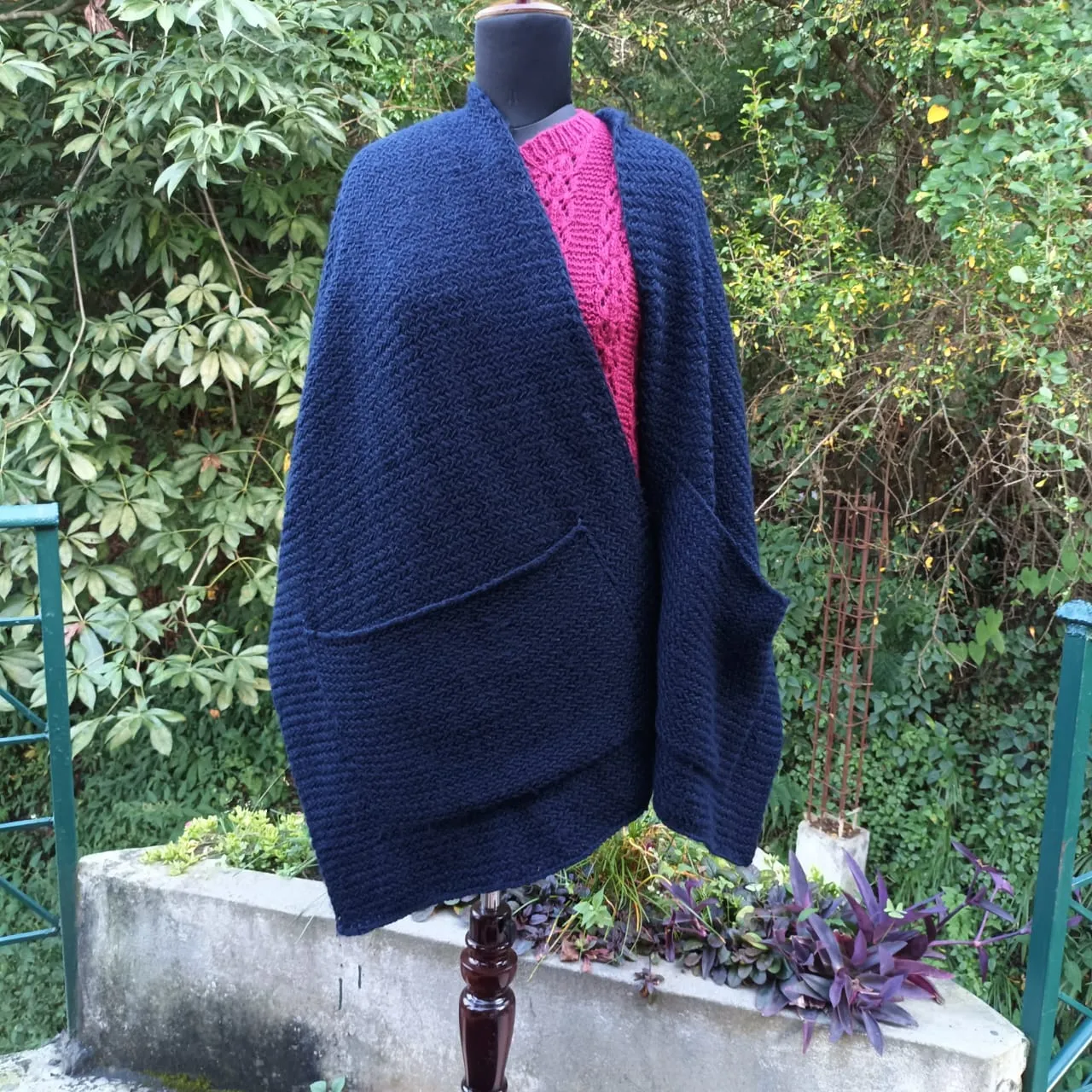 Women Woollen Stole | Hand Knit | Stylish Winter Overlay With Pockets | Navy