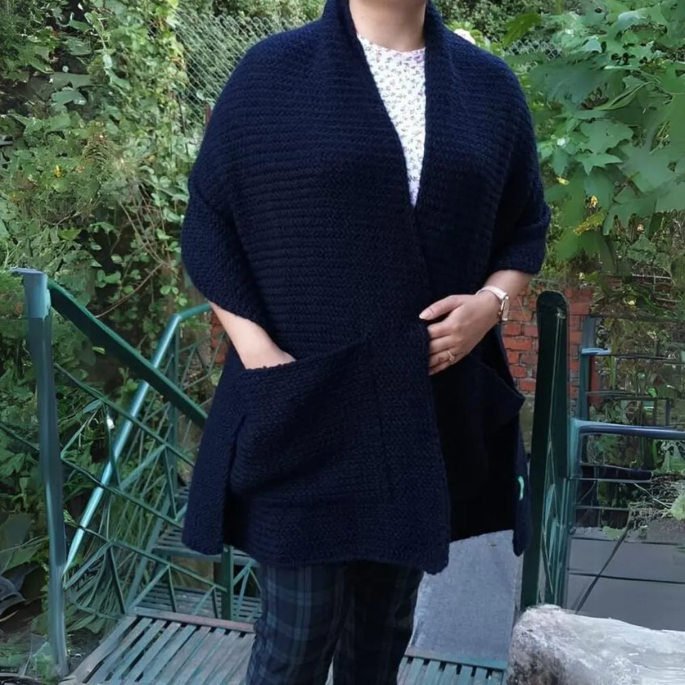 Women Woollen Stole | Hand Knit | Stylish Winter Overlay With Pockets | Navy