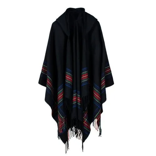 Women's Oversized Knitted Poncho Hooded Stripe