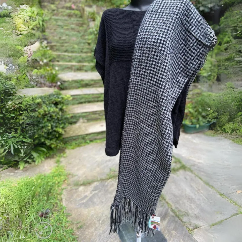 Woollen Shawl With Fringes | Grey | Loom Knit | Black Check | Women Winter Wear