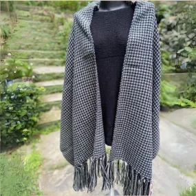 Woollen Shawl With Fringes | Grey | Loom Knit | Black Check | Women Winter Wear